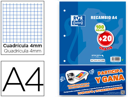 Recambio Oxford A4 120h 90g/m² c/4mm. 4 taladros